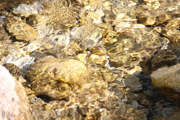 Stone below water stream in a river in Hungary.