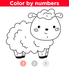 Coloring by numbers. Cute cartoon kawaii sheep. Farm animals. Educational game for preschool children. Learn colors.