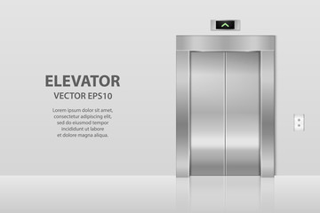 Vector 3d Realistic Blank Empty Closed Steel, Chrome, Silver Metal Office Building Lift Elevator Doors with Buttons on Gray Wall. Floor interior mockup. Business Concept. Front View