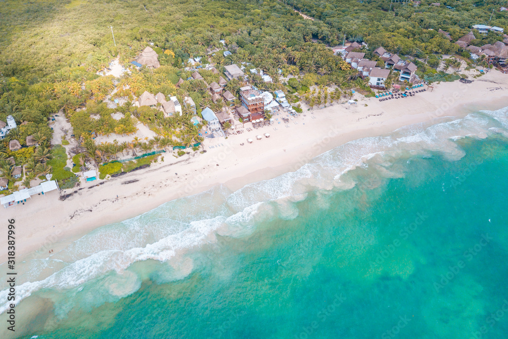 Wall mural Amazing aerial view of Tulum Beach, in the Caribbean Ocean, near Cancun, Mexico