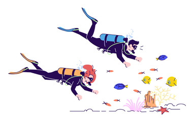 Couple of scuba divers flat doodle illustration