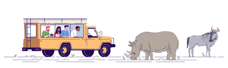 Safari journey flat doodle illustration. People observing and photographing wild animals from van. Wildlife conservation park. Indonesia tourism 2D cartoon character with outline for commercial use