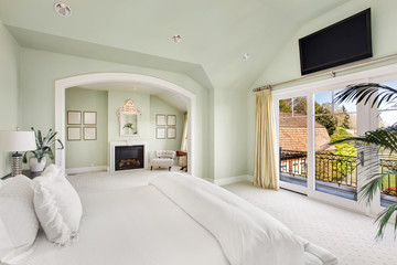 Beautiful furnished master bedroom interior in luxury home. Features fireplace and vaulted ceilings 