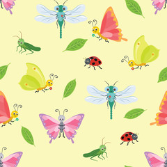 Butterfly, dragonfly, grasshopper and ladybug seamless pattern. Vector illustration of cute funny insects and bugs and green leaves on a yellow background. Cartoon, flat, children's style.