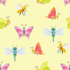 Cute insects seamless pattern. Funny butterfly, dragonfly and honey bee isolated on yellow background. Vector illustration of bug and beetle in cartoon flat style. Children's characters.