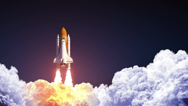 Space Shuttle Launch On Blue Sky. Slow Motion. 3D Animation. 4K.  Ultra High Definition. 3840x2160.