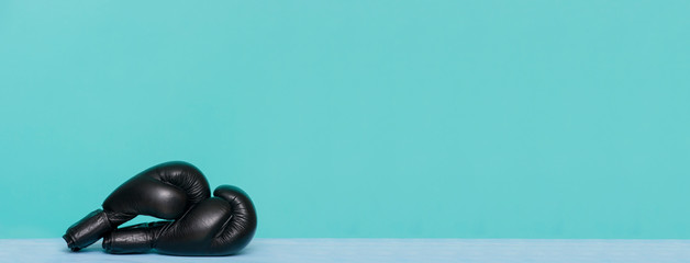 Pair of black leather boxing gloves isolated on menthe background.