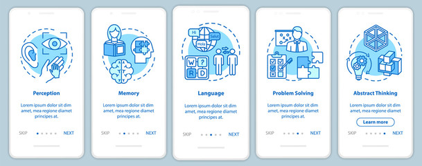 Cognitive processes onboarding mobile app page screen with concepts. Perception and memory. Mental health walkthrough five steps graphic instructions. UI vector template with RGB color illustrations