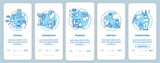 Mental disorders onboarding mobile app page screen with concepts. Schizophrenia. Psychological diseases walkthrough five steps graphic instructions. UI vector template with RGB color illustrations