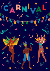 Postcard with dancing people in carnival costumes. Card for carnival in Brazil. Abstract memphis background. Concept of festival, party.Design element for banner, poster, card.Flat vector illustration