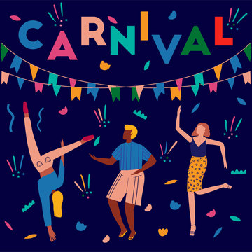 Postcard with dancing people in bright clothes. Card for carnival in Brazil. Abstract memphis background. Concept of festival, party.Design element for banner, poster, card.Flat vector illustration