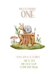 Birthday Anniversary invitation cards with funny cartoon snail on a stump. Birthday baby party Invitation Card Template
