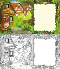 cartoon summer scene with bird with meadow in the forest sketch page