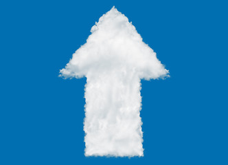 Straight forward arrow shape made of clouds on blue background over sky