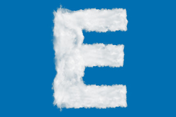 Letter E font shape element made of clouds on blue background over sky