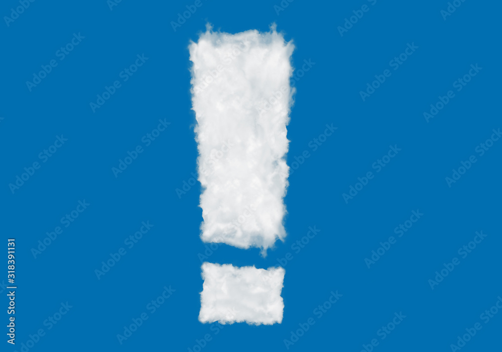 Wall mural exclamation mark font symbol shape element made of clouds on blue background over sky