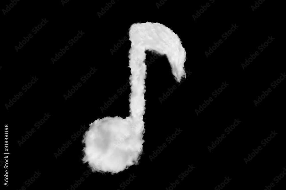 Wall mural one music note font symbol shape element made of clouds on black background ready for mask or blendi