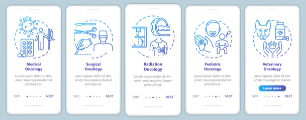 Oncology onboarding mobile app page screen with concepts. Cancer treatment walkthrough five steps graphic instructions. Medical oncology. Surgery. UI vector template with RGB color illustrations