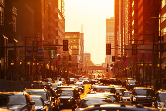 Traffic At Rush-hour Over Sunset In Downtown Philadelphia Sun Lit Street In The Evening