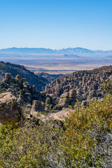 vertical view from Massai Point trailhead in the Chiricahua Mountains and National Monument showing columns or "totem poles" made of rhyolite a dense fine grained rock of volcanic origin