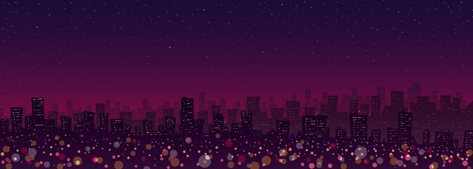 Fototapeta na wymiar Vector illustration. Big city panorama with skyscrapers on pink sunset.