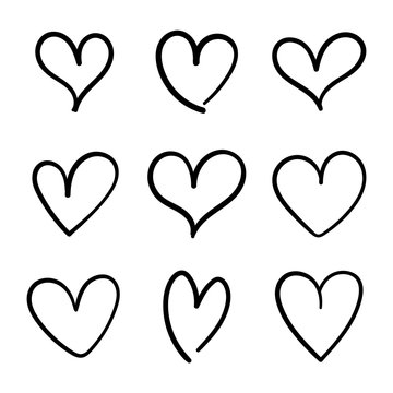 Vector set of hand drawn hearts on a white background.