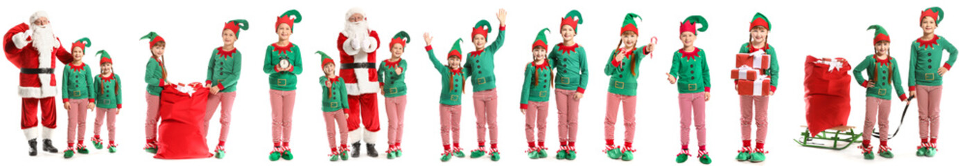 Santa Claus and little elf kids on white background - obrazy, fototapety, plakaty