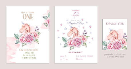 Birthday Anniversary invitation cards with funny cartoon character. Birthday baby party Invitation Card Template. Cute unicorn, flowers, leaves
