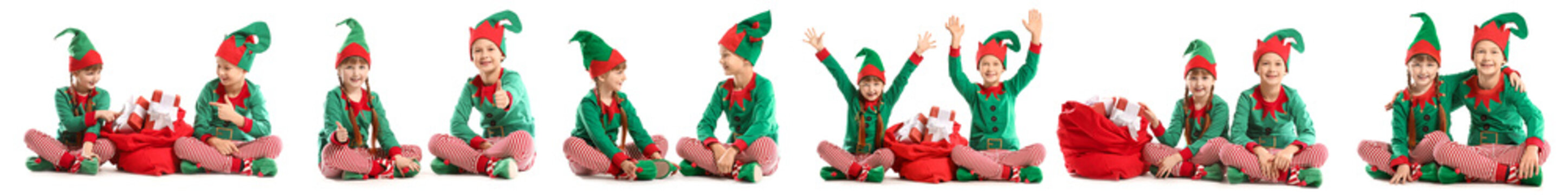 Little children in costume of elf and with Santa Claus bag full of gifts on white background