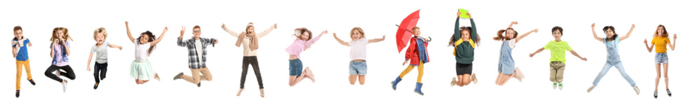 Set of different jumping children on white background