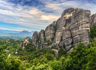 Fototapeta na wymiar Meteora - rocks consisting of a mixture of sandstone and detrital rock and reaching a height of 600 m above sea level, in the mountains of Thessaly.