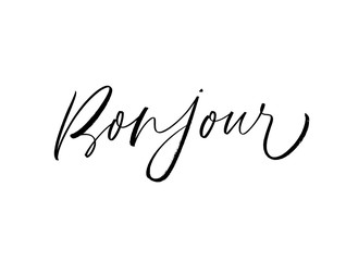 Bonjour ink pen handwritten vector lettering. French hello word handwriting, foreign language greeting calligraphy. © Anastasiia Hevko