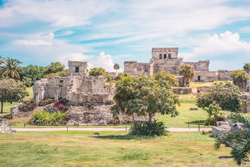 Tulum Archaeological Site. Ancient Mayan pyramids located in Riviera Maya, Mexico - obrazy, fototapety, plakaty
