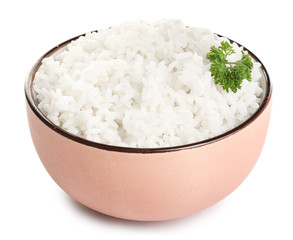 Boiled rice in bowl on white background