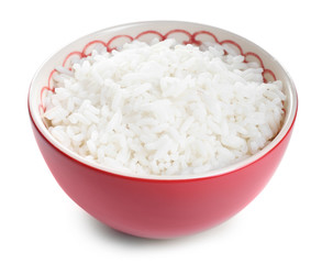 Boiled rice in bowl on white background