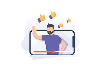 Vector illustration of online education. Concept of video blogging. The guy is in his video blog on the phone screen.