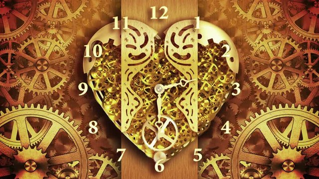 Vintage Gold Clock In The Form Of Heart On The Background Of Rotating Gears. 4K. 3840x2160. 3D Animation.