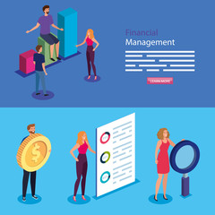 set poster of financial management with people and icons vector illustration design