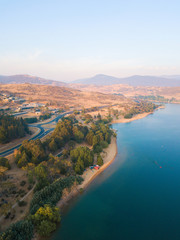 Aerial coastline view of Lake Jindabyne in the morning. NSW, Australia.