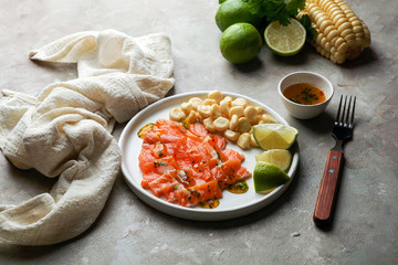 tiradito de salmon -  Peruvian dish of raw fish, carpaccio