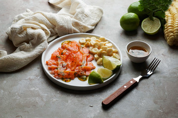 tiradito de salmon -  Peruvian dish of raw fish, carpaccio