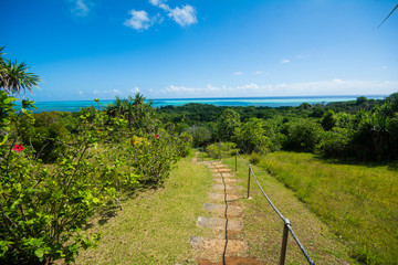 Fototapeta na wymiar Path way to the stone monoliths, blue ocean, green hill, tropical, Ngarchelong, Palau, Pacific