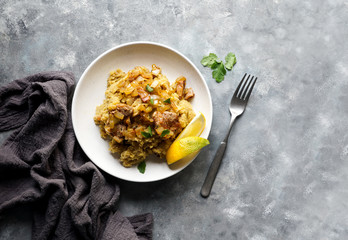 Fufu de platano verde maduro, tacaho, Mofongo, mashed  boiled plantains with porc meat, onion....