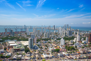 Scenic view of Cartagena cityscape, modern skyline, hotels and ocean bays Bocagrande and Bocachica from the lookout hill of Santa Cruz convent (Convento de la Popa)