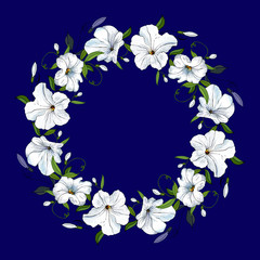 Beautiful wreath of petunia. Floral frame with white flowers and green leaves on dark blue background. Hand drawn. For wedding invitations, greeting cards. Copy space. Vector stock illustration.