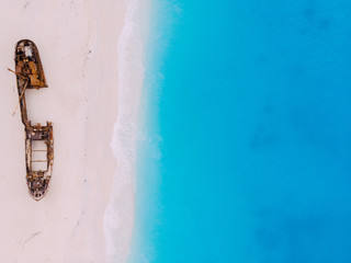Top down View Navagio Bay Shipwreck Beach no people, Greece, Zakynthos