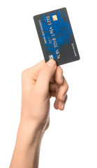 Female hand with credit card on white background
