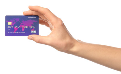 Female hand with credit card on white background