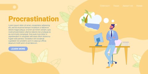 Flat Man Office Worker Procrastinating, Dreaming.