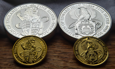 Queens beasts gold and silver coins on a wooden background. coins feature a lion and a griffin